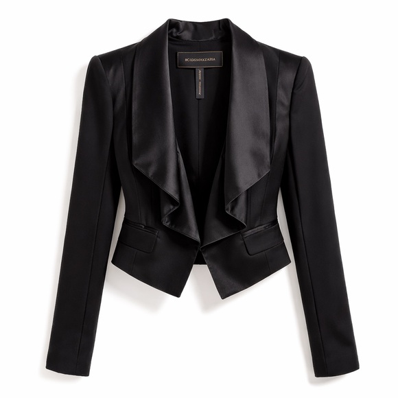 BCBGMaxAzria Jackets & Blazers - BCBGMAXAZRIA Black Satin Lapel Blazer Cropped Open Front Jacket- Large